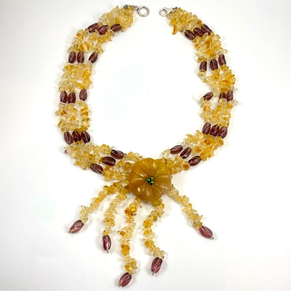 Artisan Handmade Crafted Citrine Quartz Chip Bead Stone Flower Pendant Necklace